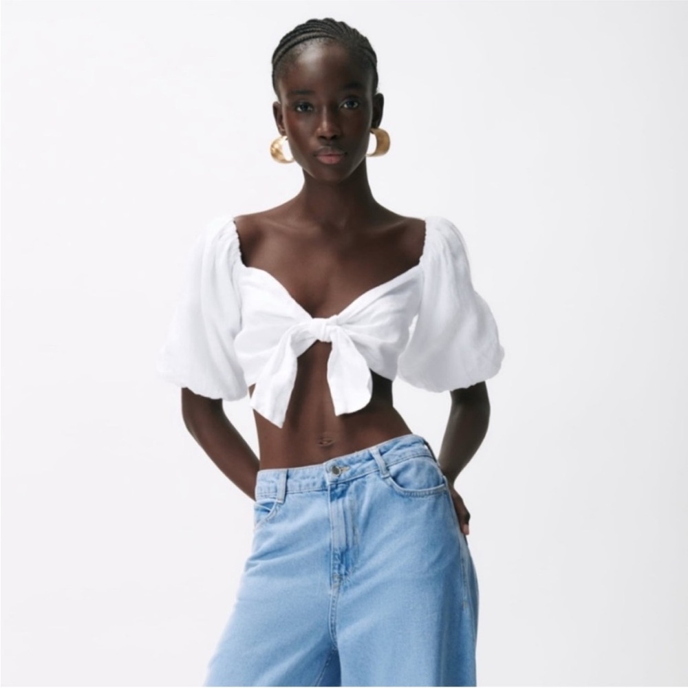 Zara White Tied Linen Top W/Puff Sleeves NWOT